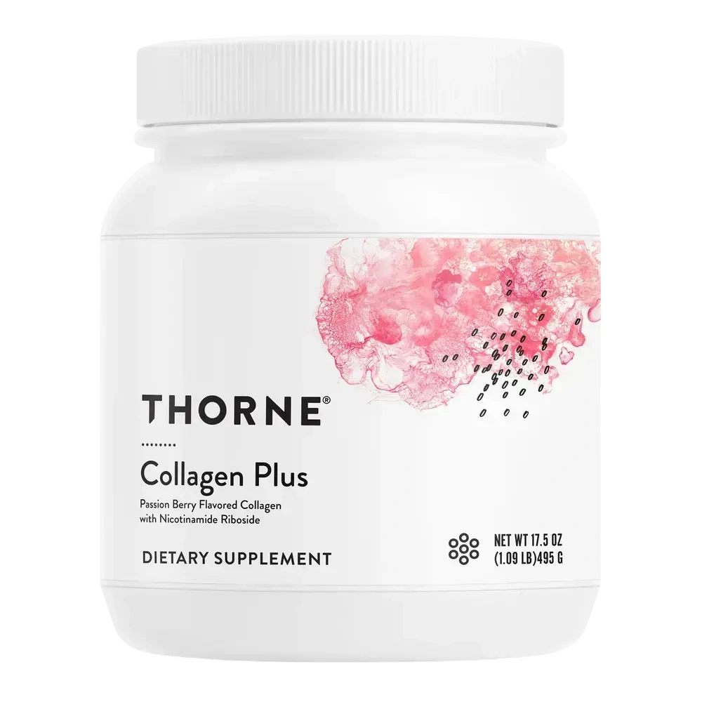 Thorne Collagen Plus Passion Berry collagen peptides powder, 30 servings – front of jar