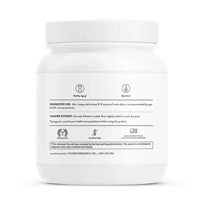 Thorne Collagen Plus Passion Berry collagen peptides powder, 30 servings – back of jar with suggested use and warnings