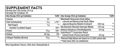 Thorne Collagen Plus Passion Berry collagen peptides powder, 30 servings – Supplement Facts panel with ingredients and amounts