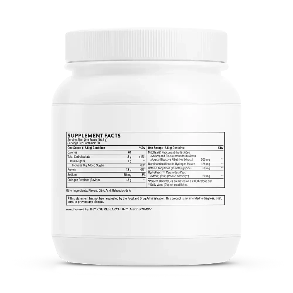 Thorne Collagen Plus Passion Berry collagen peptides powder, 30 servings – side of jar showing Supplement Facts