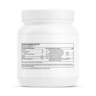 Thorne Collagen Plus Passion Berry collagen peptides powder, 30 servings – side of jar showing Supplement Facts