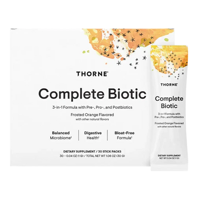 Thorne Complete Biotic prebiotic, probiotic and postbiotic, 30 stick packs – front of box