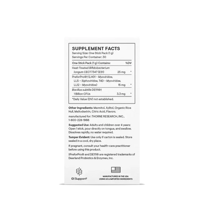 Thorne Complete Biotic prebiotic, probiotic and postbiotic, 30 stick packs – back of box with suggested use and warnings