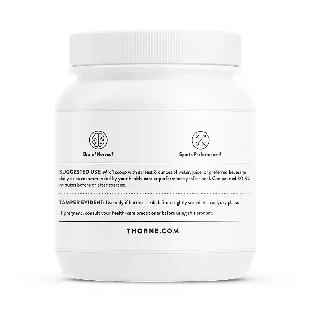 Thorne Creatine monohydrate powder, 90 servings – back of jar with suggested use and warnings