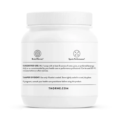 Thorne Creatine monohydrate powder, 90 servings – back of jar with suggested use and warnings