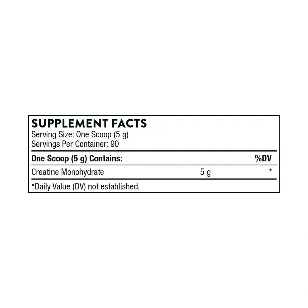 Thorne Creatine monohydrate powder, 90 servings – Supplement Facts panel with ingredients and amounts