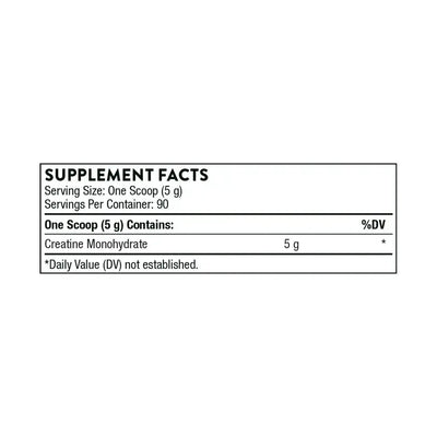 Thorne Creatine monohydrate powder, 90 servings – Supplement Facts panel with ingredients and amounts