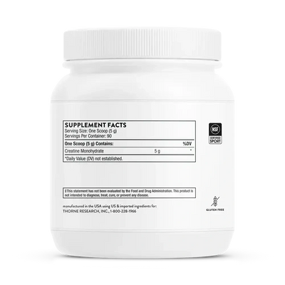 Thorne Creatine monohydrate powder, 90 servings – side of jar showing Supplement Facts