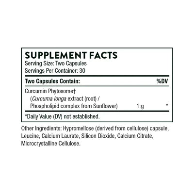 Thorne Curcumin Phytosome 1000 mg turmeric supplement, 60 capsules – Supplement Facts panel with ingredients and amounts