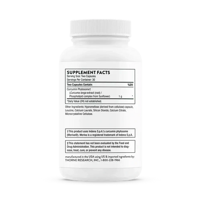 Thorne Curcumin Phytosome 1000 mg turmeric supplement, 60 capsules – side of bottle showing Supplement Facts