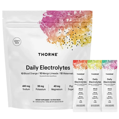 Thorne Daily Electrolytes variety pack, 30 stick packs – front of pouch