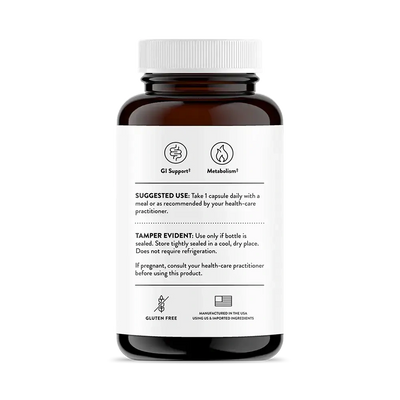 Thorne FloraMend Prime Probiotic, 30 capsules – back of bottle with suggested use and warnings