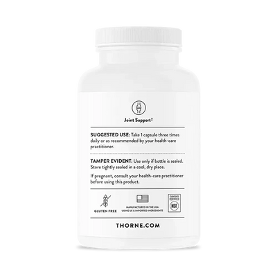 Thorne Glucosamine & Chondroitin joint support supplement, 90 capsules – back of bottle with suggested use and warnings
