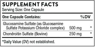 Thorne Glucosamine & Chondroitin joint support supplement, 90 capsules – Supplement Facts panel with ingredients and amounts