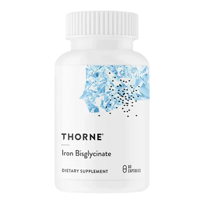 Thorne Iron Bisglycinate 25 mg gentle iron supplement, 60 capsules – front of bottle