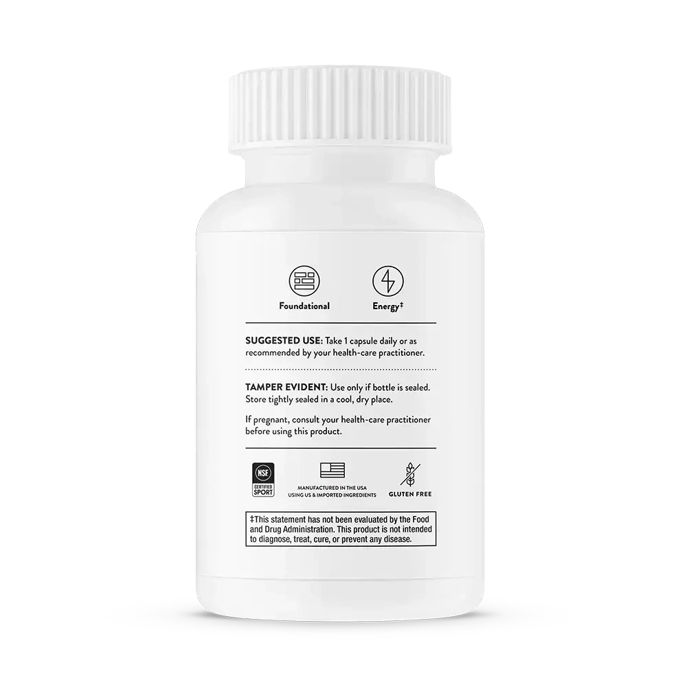 Thorne Iron Bisglycinate 25 mg gentle iron supplement, 60 capsules – back of bottle with suggested use and warnings