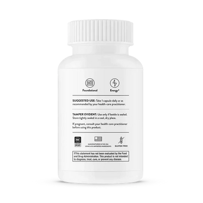 Thorne Iron Bisglycinate 25 mg gentle iron supplement, 60 capsules – back of bottle with suggested use and warnings