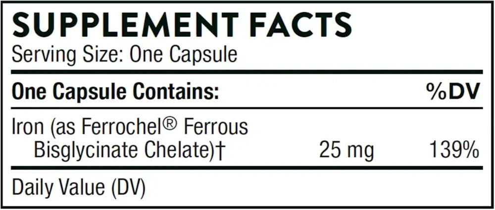 Thorne Iron Bisglycinate 25 mg gentle iron supplement, 60 capsules – Supplement Facts panel with ingredients and amounts