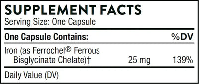 Thorne Iron Bisglycinate 25 mg gentle iron supplement, 60 capsules – Supplement Facts panel with ingredients and amounts
