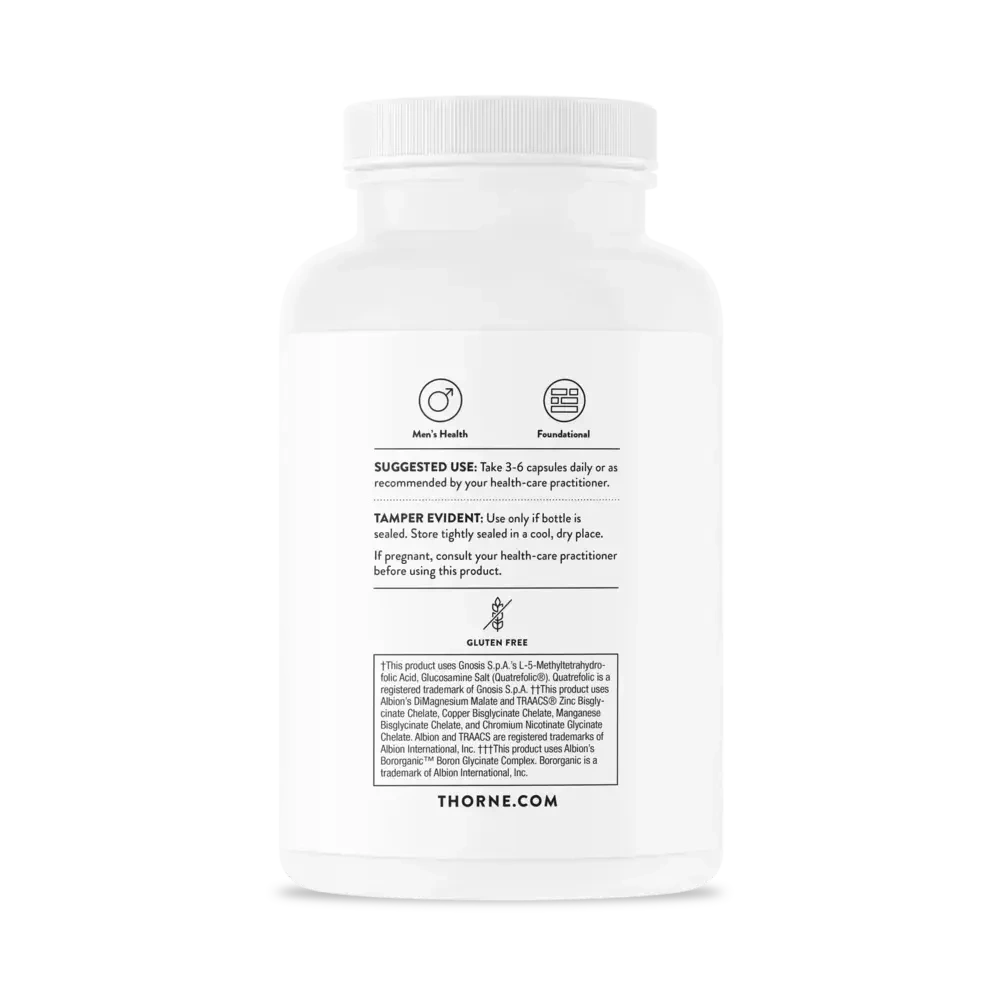 Thorne Men's Multi 50+ multivitamin for men over 50, 180 capsules – back of bottle with suggested use and warnings