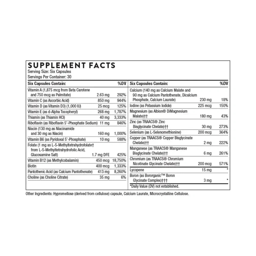 Thorne Men's Multi 50+ multivitamin for men over 50, 180 capsules – Supplement Facts panel with ingredients and amounts