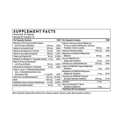 Thorne Men's Multi 50+ multivitamin for men over 50, 180 capsules – Supplement Facts panel with ingredients and amounts