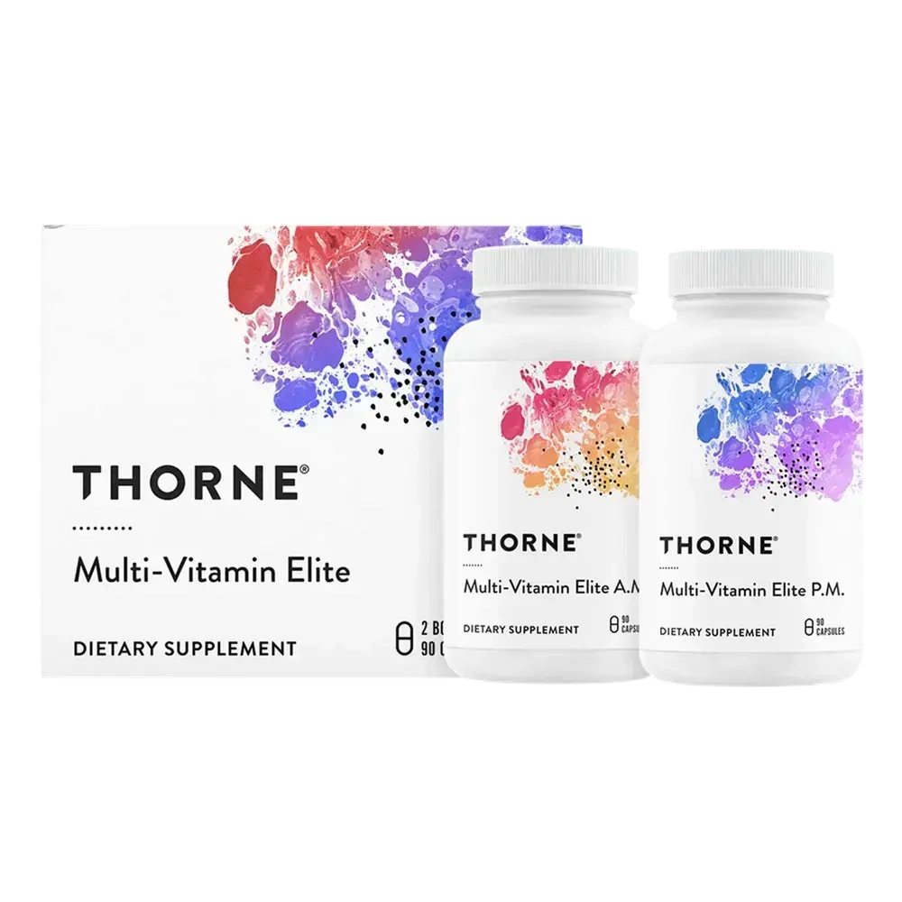 Thorne Multi-Vitamin Elite A.M./P.M. kit, 180 capsules – front of kit with A.M. and P.M. bottles
