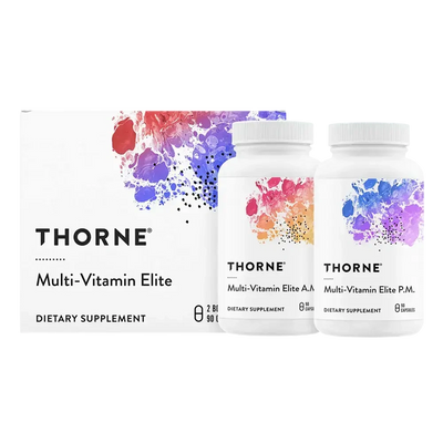 Thorne Multi-Vitamin Elite A.M./P.M. kit, 180 capsules – front of kit with A.M. and P.M. bottles
