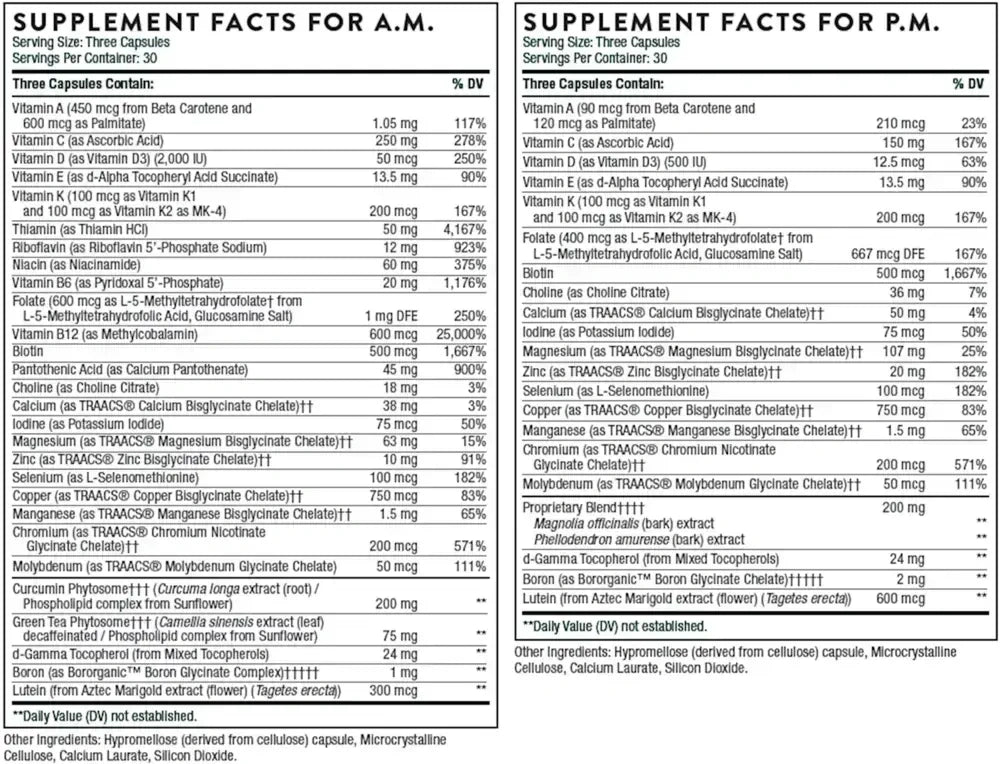 Thorne Multi-Vitamin Elite A.M./P.M. kit, 180 capsules – A.M. and P.M. Supplement Facts panels
