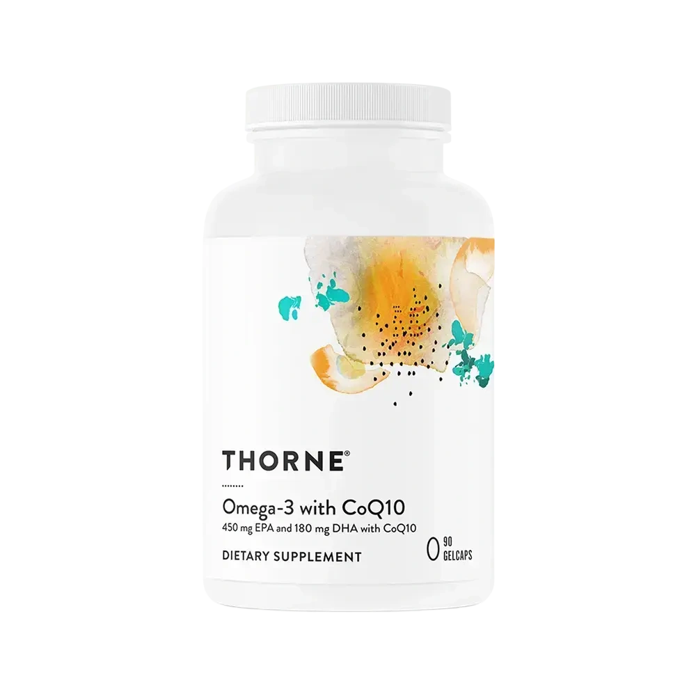 Thorne Omega-3 with CoQ10 fish oil, 90 gelcaps – front of bottle