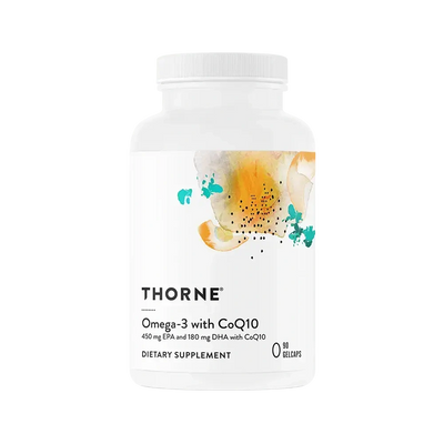 Thorne Omega-3 with CoQ10 fish oil, 90 gelcaps – front of bottle