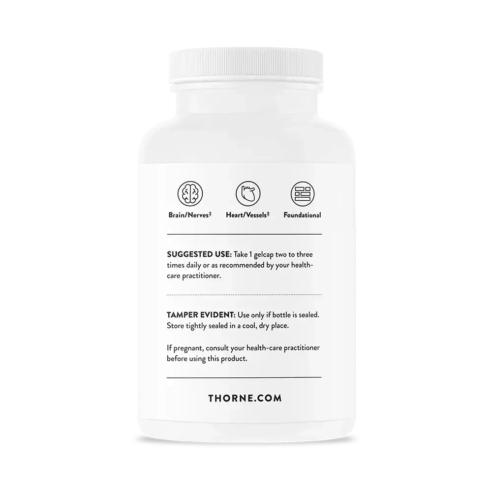 Thorne Omega-3 with CoQ10 fish oil, 90 gelcaps – back of bottle with suggested use and warnings