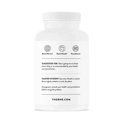 Thorne Omega-3 with CoQ10 fish oil, 90 gelcaps – back of bottle with suggested use and warnings