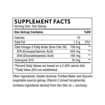 Thorne Omega-3 with CoQ10 fish oil, 90 gelcaps – Supplement Facts panel with ingredients and amounts