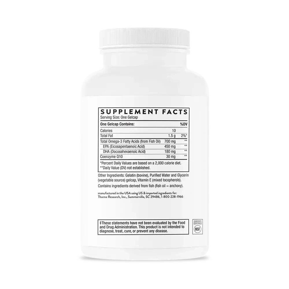 Thorne Omega-3 with CoQ10 fish oil, 90 gelcaps – side of bottle showing Supplement Facts