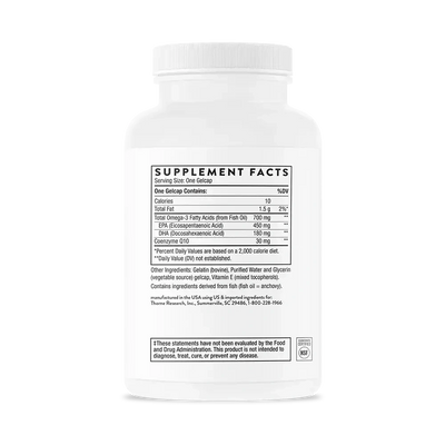 Thorne Omega-3 with CoQ10 fish oil, 90 gelcaps – side of bottle showing Supplement Facts