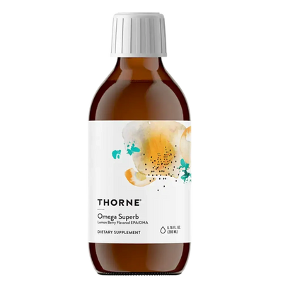 Thorne Omega Superb Lemon Berry liquid fish oil EPA/DHA – front of bottle