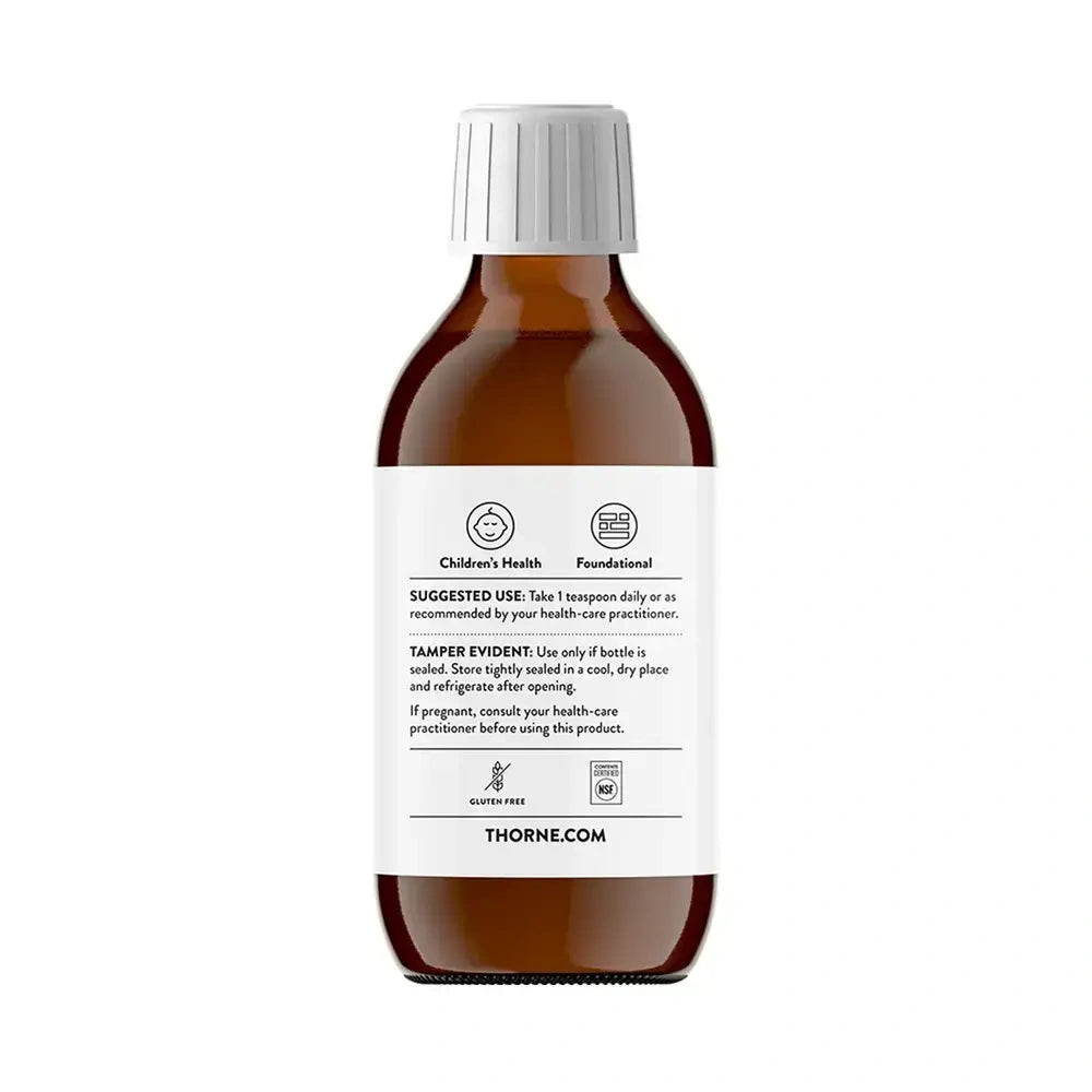 Thorne Omega Superb Lemon Berry liquid fish oil EPA/DHA – back of bottle with suggested use and warnings