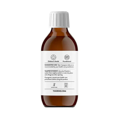 Thorne Omega Superb Lemon Berry liquid fish oil EPA/DHA – back of bottle with suggested use and warnings
