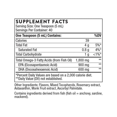 Thorne Omega Superb Lemon Berry liquid fish oil EPA/DHA – Supplement Facts panel with ingredients and amounts