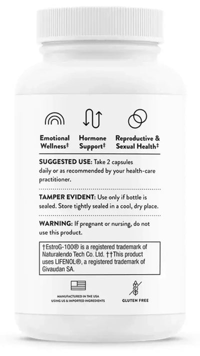 Thorne Perimenopause Complete hot flash and mood support, 60 capsules – back of bottle with suggested use and warnings