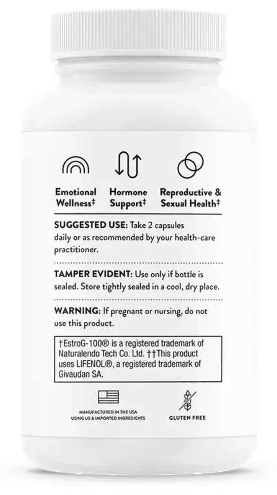 Thorne Perimenopause Complete hot flash and mood support, 60 capsules – back of bottle with suggested use and warnings