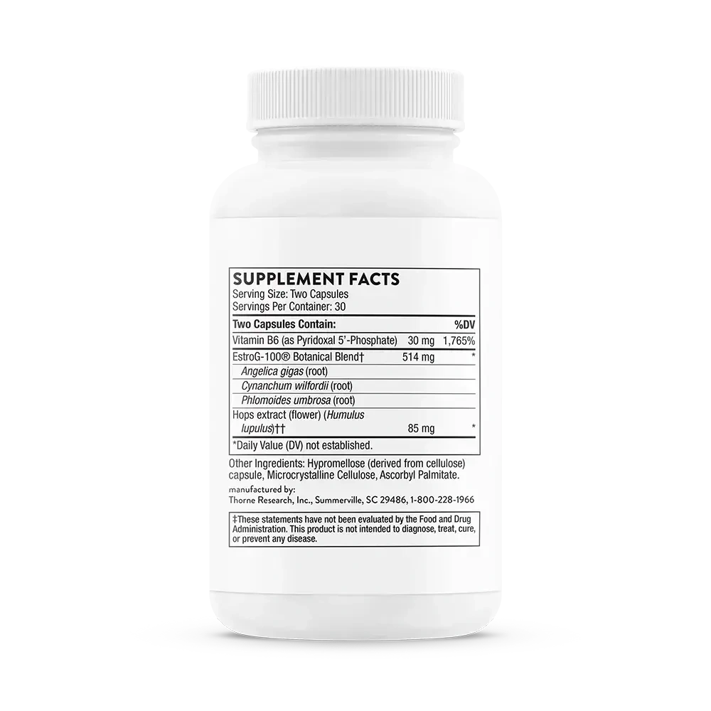 Thorne Perimenopause Complete hot flash and mood support, 60 capsules – side of bottle showing Supplement Facts