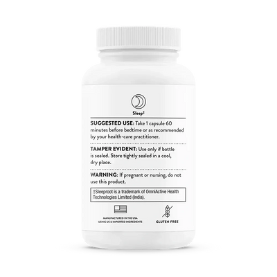 Thorne Valerian Root sleep support supplement, 30 capsules – back of bottle with suggested use and warnings