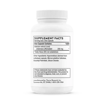 Thorne Valerian Root sleep support supplement, 30 capsules – Supplement Facts panel with ingredients and amounts