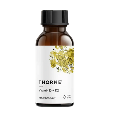Thorne Vitamin D + K2 Liquid, 1,200 drops – front of dropper bottle