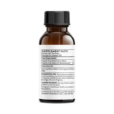 Thorne Vitamin D + K2 Liquid, 1,200 drops – back of dropper bottle with suggested use and warnings