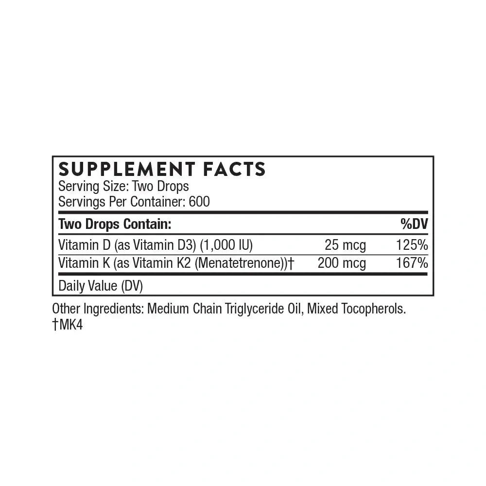 Thorne Vitamin D + K2 Liquid, 1,200 drops – Supplement Facts panel with ingredients and amounts