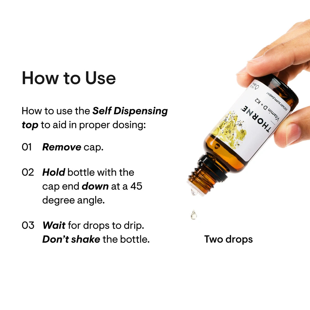 Thorne Vitamin D + K2 Liquid, 1,200 drops – how to use the self-dispensing dropper