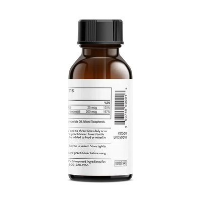 Thorne Vitamin D + K2 Liquid, 1,200 drops – side of dropper bottle showing Supplement Facts